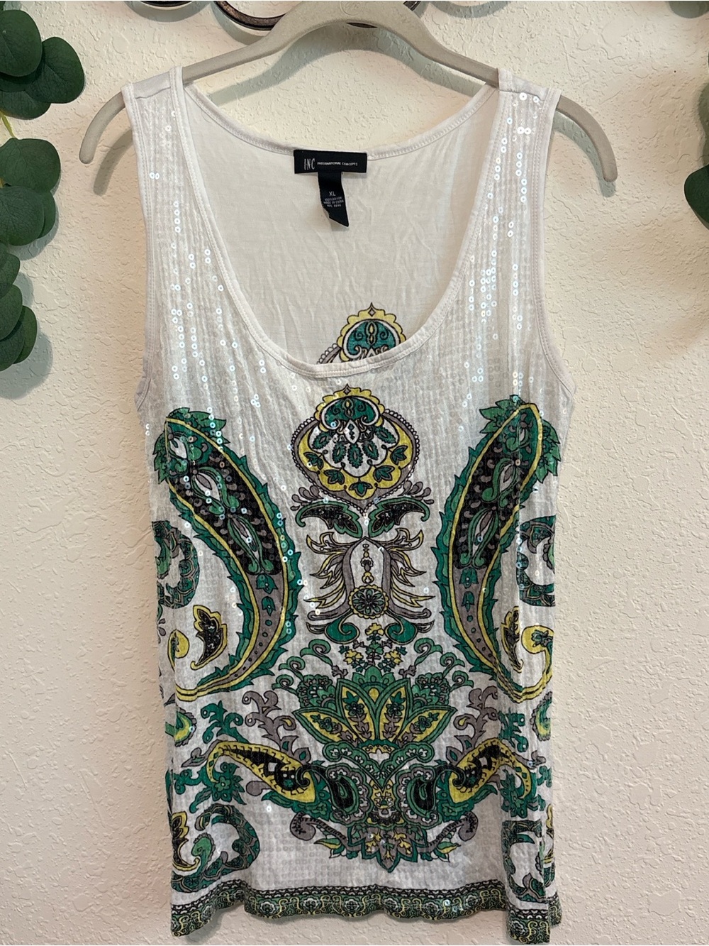 Y2K Boho Party Sequined White and Green Paisley Tank Top ✨